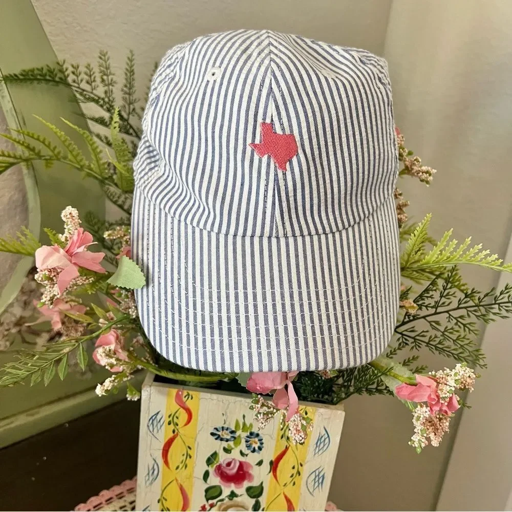 American Needle Tyler’s Texas‎ Blue White Seersucker Stripe Pink Embroidery Hat